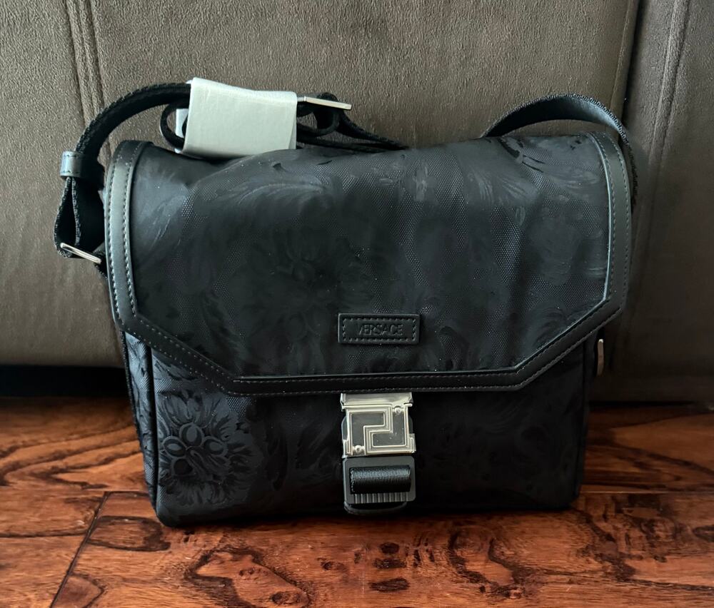 $1,575 NWT Versace Men's Barocco Jacquard Nylon Greca Buckle Messenger Bag